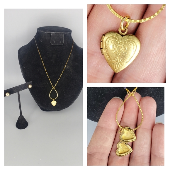 Goldtone Heart Locket and Stud Earrings Set - Picture 1 of 12